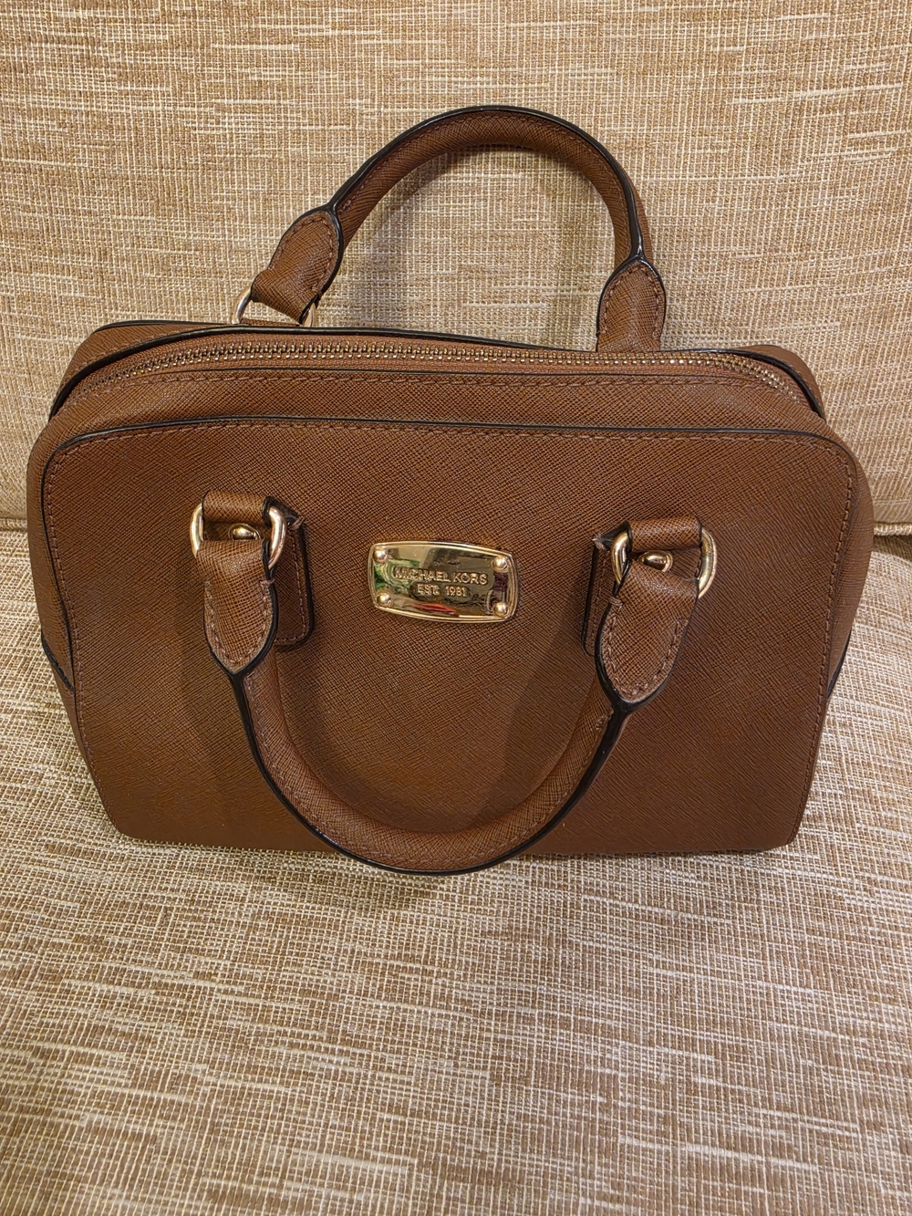 Michael Kors Camel saffiano-embossed leather satchel with dual top handles